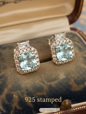 925 Sterling Silver Aquamarine Halo Stud Earrings - Light Blue